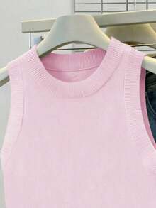 Top de punto de cuello redondo en color sólido para mujer de , minimalista y versátil, para verano. - Rosa - Ver 4