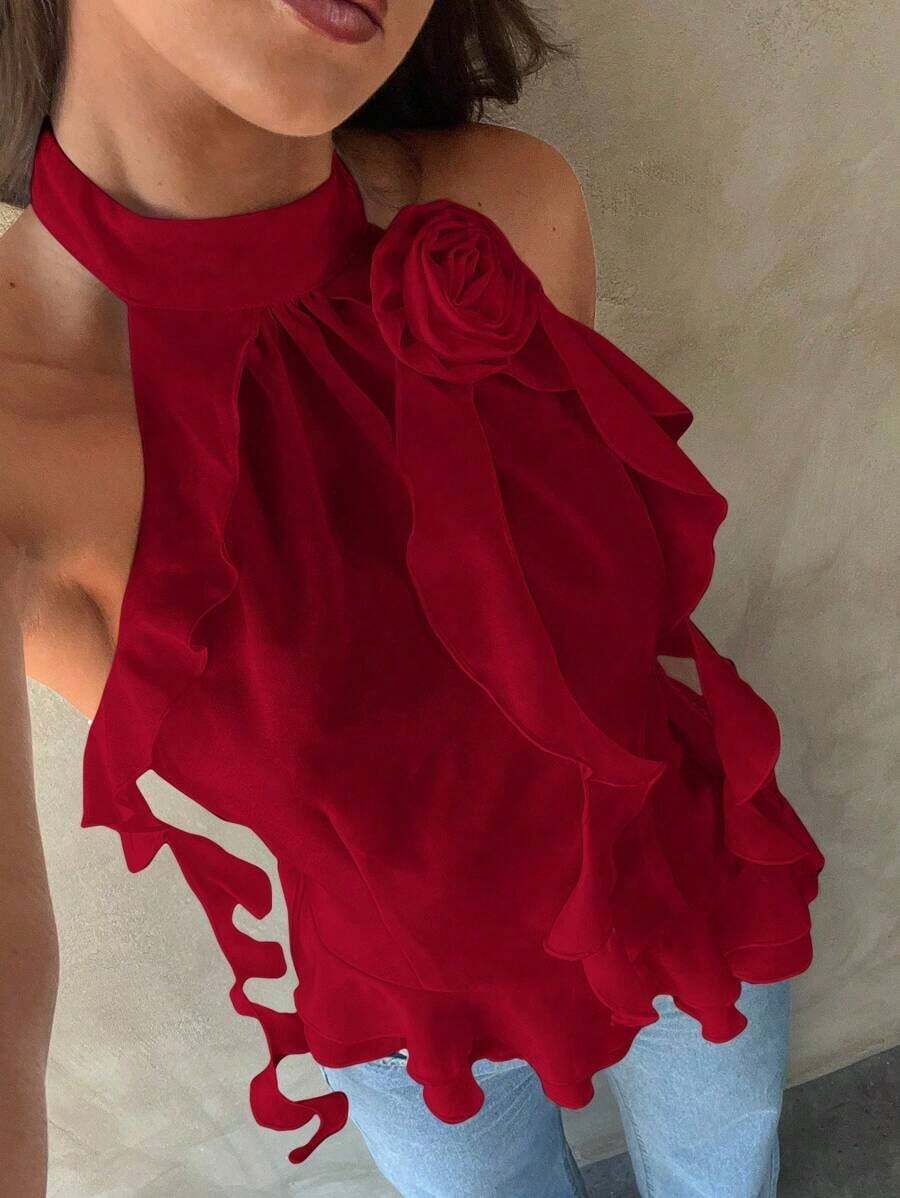 Top casual de vacaciones de unicolor con decoración floral 3D y plisado para mujeres - Rojo - Ver 1