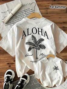 Women's "Aloha Good Mood" Print T-Shirt - Casual Short-Sleeved Top With Round Neck And Palm Tree Motif, Loose Fit, Machine Washable, Suitable For Daily Wear In Spring And Summer, All-Season Clothing, Summer T-Shirt. - White - View 7
