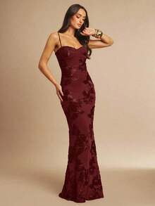 Vestido de tirantes finos maxi ajustado y elegante con diseño floral 3D en color marrón, adecuado para invitada de boda en otoño, fiesta, cóctel, noche, Navidad.Vestido maxi ceñido y con espalda descubierta, apropiado para fiesta de ot - Burdeos 2 - Ver 5