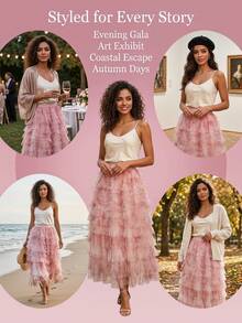 Saia Midi Tule Multicamadas Feminina - Cintura Alta Babado Rosa Bainha Volumosa Saia de Tule em Forma de A, Adequada para Convidados de Casamento, Festas, Formaturas, Verão - Rosa chiclete - Visão 10
