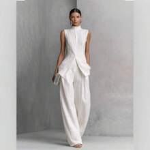 2026 Women's Draped Linen Cotton Solid Sleeveless Shirt Long Pants Two Piece Set - Màu Đỏ Sâu - Xem 3