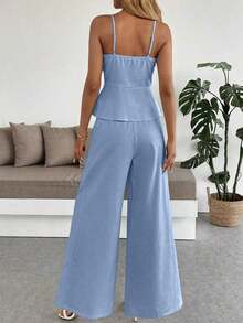 Set de 2 piezas: Top de tirantes ajustado informal con nudo delantero y pantalón de pierna ancha - Azul - Ver 2