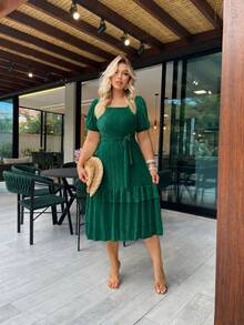 Elegant Women's Casual Dress, Fabric, Hem With Ruffle, Knot, Pleated, Women's Evening Wedding Dress - 墨綠色 - 查看 2