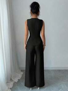 Traje casual/de oficina elegante de mujer con decoración de botones con estampado floral - Negro - Ver 2