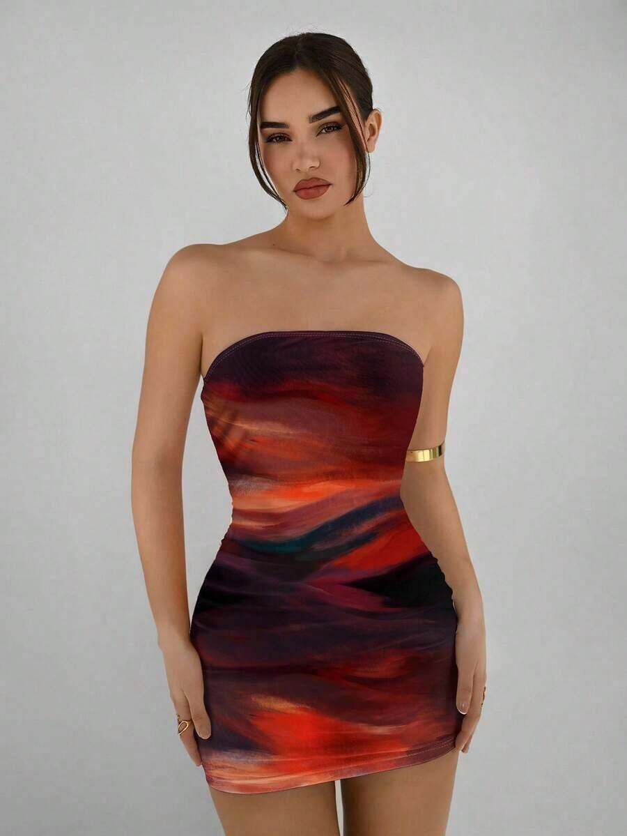 Vestido casual, elegante y sexy de estampado abstracto marrón café, tipo bandeau y ajustado, apropiado para el verano, vacaciones y fiestas - Multicolor 2 - Ver 1