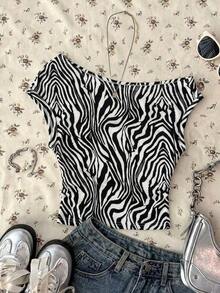 Blusa corta asimétrica fruncida para mujer - Multicolor 2 - Ver 1
