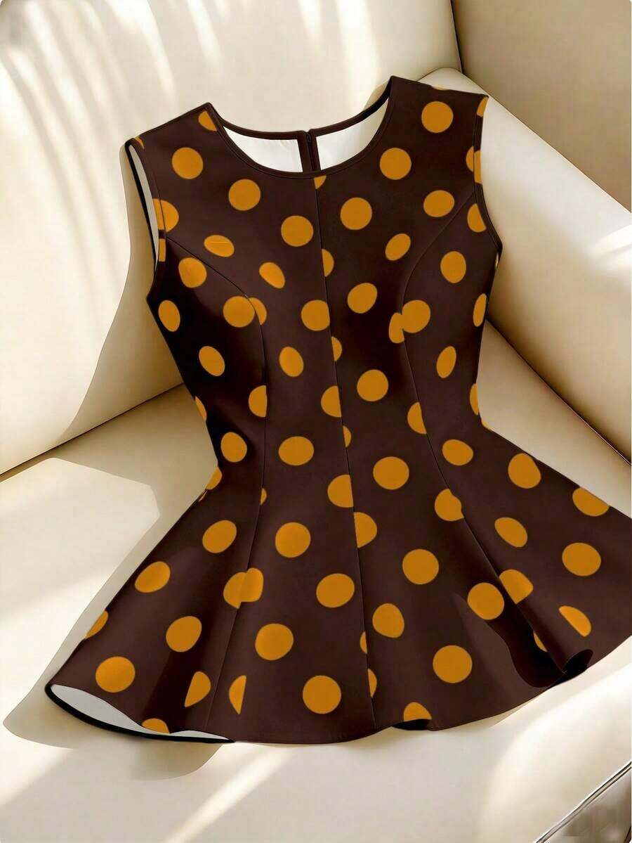 Camiseta de mujer sexy y elegante con estampado de lunares, adecuada para atuendos de primavera/verano - Marrón - Ver 1