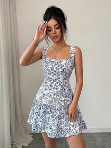 Vestido de línea A con volantes en la cintura con estampado floral diminuto en azul y blanco, cuello cuadrado para mujer.Vestidos de moda de verano para mujer, vestido mini, vestidos florales - Azul - Ver 5