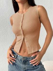 Blusa sin mangas casual con textura de un solo color y botones delanteros - Caqui - Ver 4