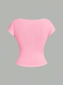 4 piezas Camisetas de mujer de cuello redondo, ajustadas, con espalda descubierta y diseño minimalista de patrones, adecuadas para el verano - Multicolor 5 - Ver 11