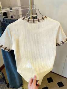 Camiseta de mujer con paneles de imitación de denim a rayas / Estampado de Dachshund / Uso diario casual / Verano - Multicolor 16 - Ver 2