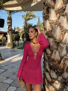 Vestido de manga larga de punto para mujer, estilo de vacaciones en la playa - Rojo ciruela intenso - Ver 3