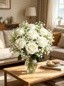 1/15/30pcs Buquê de Rosas Brancas e Gipsófila, Decoração Rústica para Casa, Arranjo Central de Flores Artificiais de Seda. Perfeito para Buquê de Casamento, Casa, Quarto, Sala de Estar, Mesa de Jantar, Prateleira de Parede, Varanda e Decoração de Jardim, Bem como Arranjos Florais DIY. Presente Ideal para o Dia da Mãe, Dia dos Namorados, Aniversário, Casamento, Natal e Festa. - Branco - Ver 3