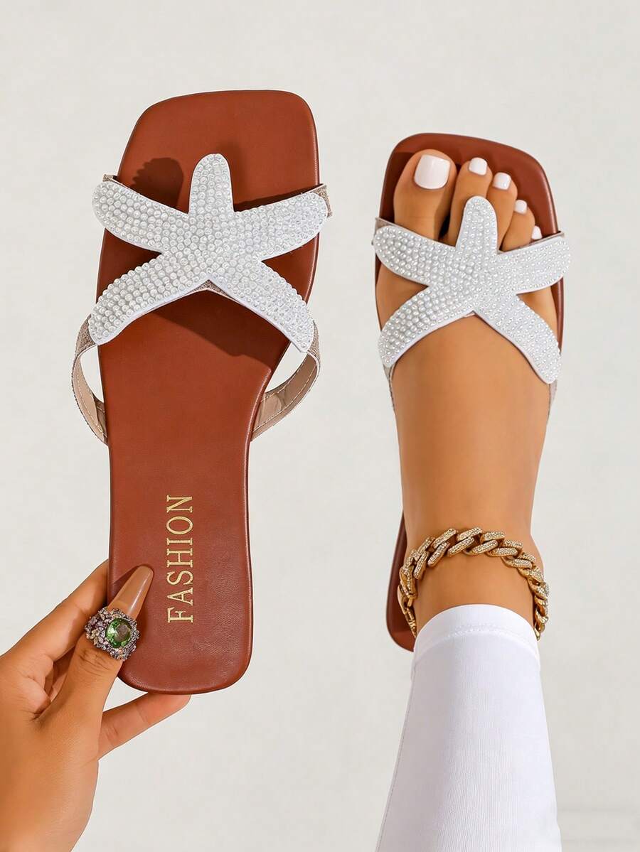Women's Fashion Flat Sandals Open Toe, New Spring/Summer Versatile Pearl Decorated Ladies Slip-On Beach Shoes, Suitable For Dresses And Vacation - Brown - View 1