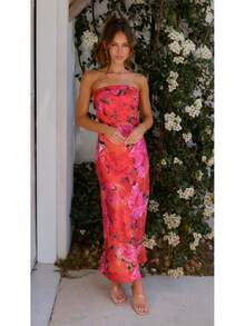 Women Midi Dresses - Big Red Floral Print - View 1
