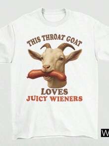 Unisex Thick Cotton T-Shirt, "Throat Goat Loves Juicy" Print T-Shirt, Dirty Goat Joke T-Shirt, "Juicy" Gag Gift, Funny And Cheeky. - 白色 - 查看 1