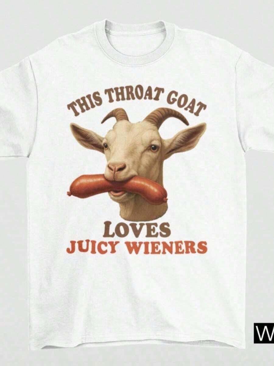 Unisex Thick Cotton T-Shirt, "Throat Goat Loves Juicy" Print T-Shirt, Dirty Goat Joke T-Shirt, "Juicy" Gag Gift, Funny And Cheeky. - 白色 - 查看 1