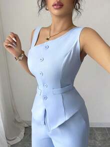 Conjunto de mujer de chaleco sin mangas con botones y tirantes oblicuos para primavera/verano + pantalones rectos con botones - Azul - Ver 3