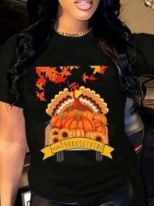 Women's Black T-Shirt With Autumn Print: Turkey, Pumpkin, Sunflower And Autumn Leaves For Thanksgiving - Seasonal Graphic Tee For The Autumn Festival - Unisex Urban Vintage Style, Cotton, Short Sleeve, Round Neck, Loose Fit. - 黑色 - 查看 1