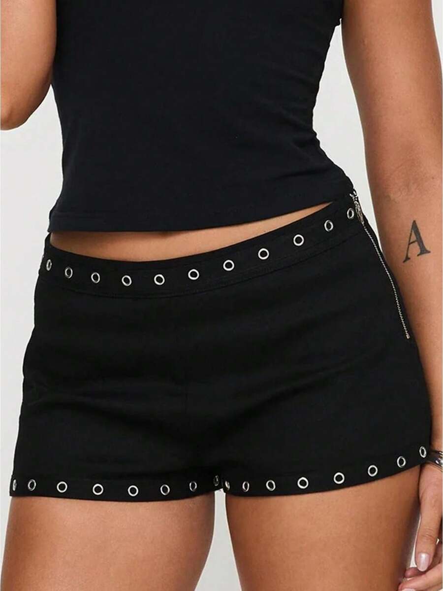 Women Rivet Summer Casual Hot Mini Shorts Mid Rise Y2K Micro Shorts With Zipper - Black - View 1