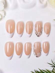 10 piezas de uñas postizas de almendra hechas a mano, estilo francés blanco con decoraciones de flores de strass. Versátiles para todas las formas de manos, adecuadas para salidas diarias, citas dulces y otras ocasiones. Una opción de regalo delicada y lujosa para damas. - Multicolor - Ver 6