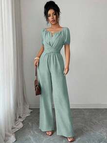 Mono elegante de mujer de pata ancha con cuello redondo, manga larga, cintura retorcida y decoración de cuentas de madera en color caqui para uso diario - verde menta - Ver 5
