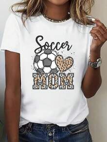 Plus Size Women's 2026 T-Shirt With Fun Prints, 1 Piece Of  Short-Sleeved T-Shirt With A Stylish Female Soccer Player Print For Soccer Enthusiasts, A Leopard Print Heart Print, "Soccer Player Mom" And A Super Popular English Letter Print. A Comfortable Short, Suitable For Everyday Wear, Valentine's Day And Easter Gifts. - 白色 - 查看 1