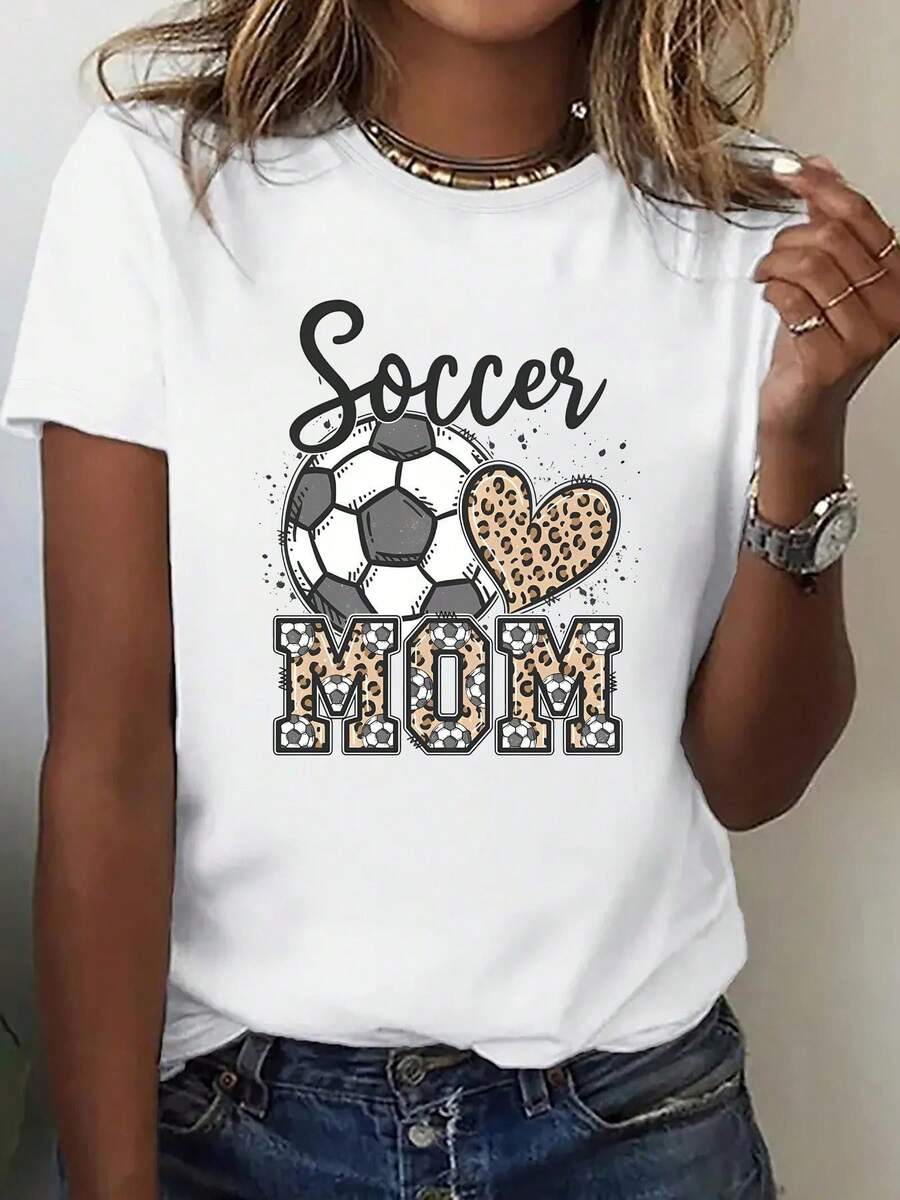 Plus Size Women's 2026 T-Shirt With Fun Prints, 1 Piece Of Short-Sleeved T-Shirt With A Stylish Female Soccer Player Print For Soccer Enthusiasts, A Leopard Print Heart Print, "Soccer Player Mom" And A Super Popular English Letter Print. A Comfortable Short, Suitable For Everyday Wear, Valentine's Day And Easter Gifts. - 白色 - 查看 1