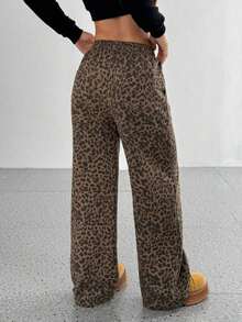 Pantalones rectos de cintura alta con estampado de leopardo retro, cintura elástica con cordón, estilo callejero casual de chica americana, para primavera y otoño - Multicolor 2 - Ver 8