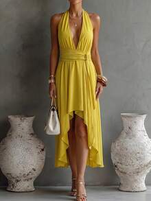 Women's Elegant Yellow Spaghetti Strap Deep V-Neck High-Low Hem Formal Evening Dress, Waist Tie Design Suitable For Parties And Weddings - Green - View 3