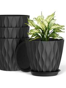 2pcs/Set Wavy Plastic Flower Pot, Suitable For Indoor/Outdoor Planting, With Drainage Holes And Tray, Waffle Texture Flower Pot, Ideal For Indoor Plants, Suitable For Carnivorous Plants, Ficus Lyrata (1 Pot + 1 Base) - Multicolor - View 4