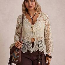 Plus Size Casual Solid Color Openwork Knit Cardigan Winter Fall Autumn - Rojo - Ver 5