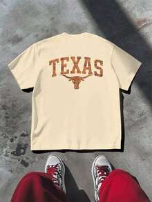 1 Texas Longhorn Graphic Print T-Shirt, Casual, Double Print, 100% Cotton, Festival Wear - Urban Vintage Style, Unisex, Loose Fit, Short Sleeve, Crew Neck, Blouses For Women. Blouses.Casual Blouses For Ladies. - 杏色 - 查看 3