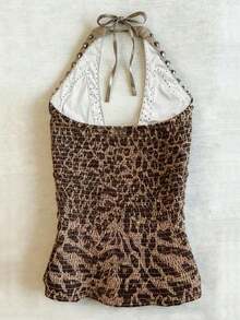 Summer Vintage Leopard Print Halter Neck Blouse, Women's Top With Rhinestone And Metal Rivet Decor - Nhiều màu - Xem 2