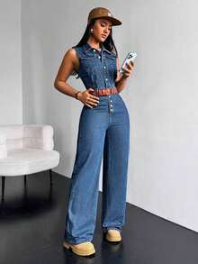 Mujeres Mono de denim sin mangas para el trabajo en verano con cierre de botones y bolsillo con solapa - Azul - Ver 6