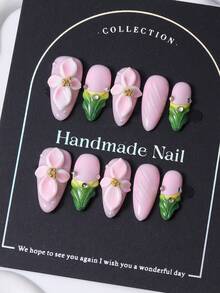 10 Stück/Set handgemachte kurze mandelförmige Nagel-Kappen in Y2K-Rosa, mit französischen und 3D-handbemalten Blumen sowie handgezeichnetem Farbverlauf-Design. Inklusive 1 Stück Gelee-Gel und 1 Nagelfeile. Ideal für den täglichen Gebrauch und die Nagelpflege bei Partys. - Pink - Übersicht 1
