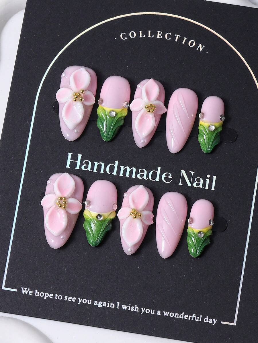 10 Stück/Set handgemachte kurze mandelförmige Nagel-Kappen in Y2K-Rosa, mit französischen und 3D-handbemalten Blumen sowie handgezeichnetem Farbverlauf-Design. Inklusive 1 Stück Gelee-Gel und 1 Nagelfeile. Ideal für den täglichen Gebrauch und die Nagelpflege bei Partys. - Pink - Übersicht 1