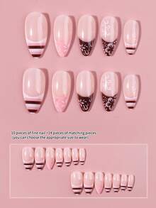 24pcs Long Almond-Shaped French Press-On Nails, Pink Nails With Striped & Floral Patterns, Perfect Fit, Includes 1pc Gel Polish And 1pc Nail File, Summer Manicure - Multicolor - View 4