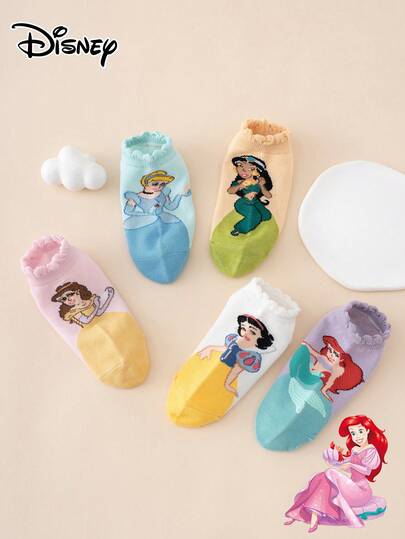 Disney 5双迪士尼公主卡通图案袜子，荷叶边装饰，运动袜，四季皆宜，欧美尺码，色彩鲜艳，舒适透气耐穿，适合日常穿着，优质面料，不闷热