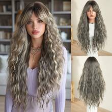 7JHH WIGS Pelucas largas onduladas y rizadas con flequillo de cortina para mujeres, de 28 pulgadas, de fibra sintética resistente al calor, esponjosas para uso diario, fiestas y cosplay (Rubio Ombré, Marrón Ombré, Rojo, Gris, Marrón Miel, Púrpura, Marrón Cálido) - Multicolor - Ver 12