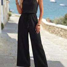 Summer Vacation Casual Solid Color Halter Jumpsuit - Negro - Ver 4