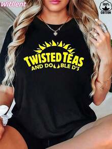 [Entrega Local]Playera Para Mujer [Entrega Local]Playera Para Mujer 1Pc Camiseta Divertida Estampada Para Mujer |   Negro y amarillo con diseño "Twisted Tea And Double D", manga corta, cuello redondo, estilo casual, lavable a máquina, cómodo, para todas las estaciones, diseño moderno. - Negro - Ver 7