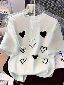 Camiseta holgada de talla grande con estampado plano de ocho corazones de perlas negras con efecto 3D, top informal estilo vacaciones, transpirable y cómoda. - Blanco - Ver 1