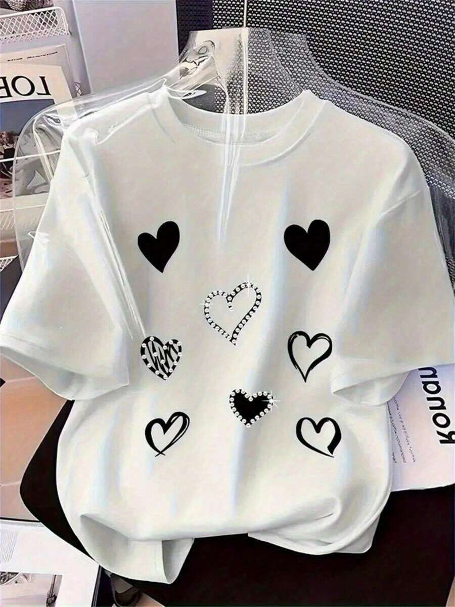 Camiseta holgada de talla grande con estampado plano de ocho corazones de perlas negras con efecto 3D, top informal estilo vacaciones, transpirable y cómoda. - Blanco - Ver 1