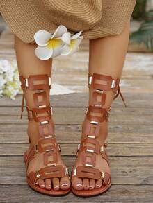 Giày sandal chiến binh đế bằng màu nâu dành cho nữ, kiểu buộc dây cao cổ hở mũi, thoải mái, thích hợp mang hàng ngày cho kỳ nghỉ hè ở bãi biển và đi bộ ngoài trời. - màu nâu - Xem 3