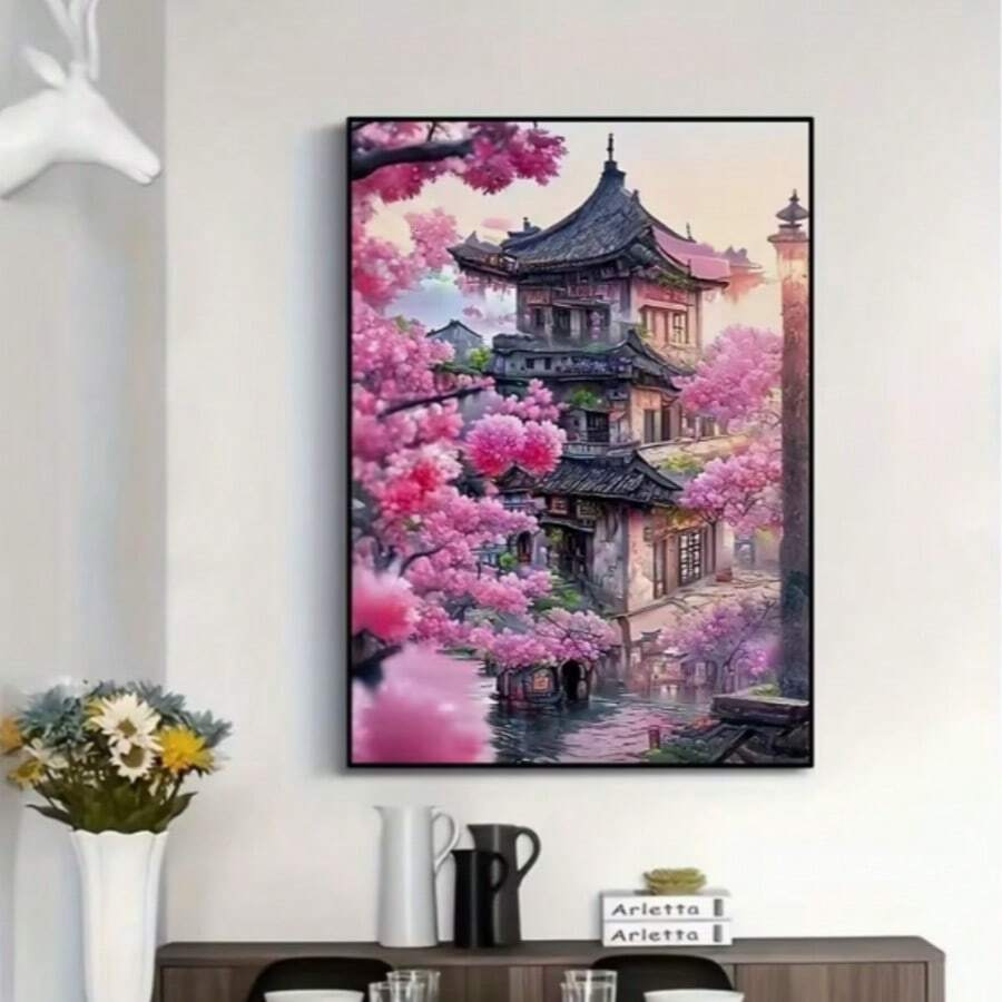 Bộ tranh đính đá 5D tự làm - Chủ đề Đình Hoa Đào, Thích hợp cho người lớn mới bắt đầu, Tranh đính đá hình ngôi nhà đẹp, Thích hợp để trang trí tường nhà và làm quà tặng, Không khung, kích thước 11.8x15.75 inch.