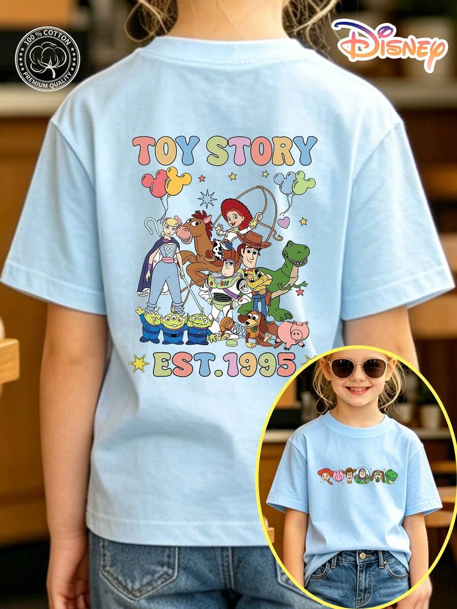 Disney Toy Story Kids T-Shirt, 100% Cotton Retro Group Characters Double-Sided Graphic Tee, Unisex For Boys & Girls Ages 4-12, Soft Breathable Fade-Resistant Fabric, Ideal For Theme Park, School & Daily Casual Wear, Perfect For Vacation, Birthdays & Children's Day Gifts - màu xanh nhạt - Xem 1