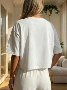 2 piezas Camiseta de manga corta y cuello redondo holgada y corta para mujer, adecuada para uso en primavera/verano, estilo casual/minimalista/elegante/sexy/streetwear/Y2K, apta para oficina/hogar/calle y diversas ocasiones - Blanco - Ver 7