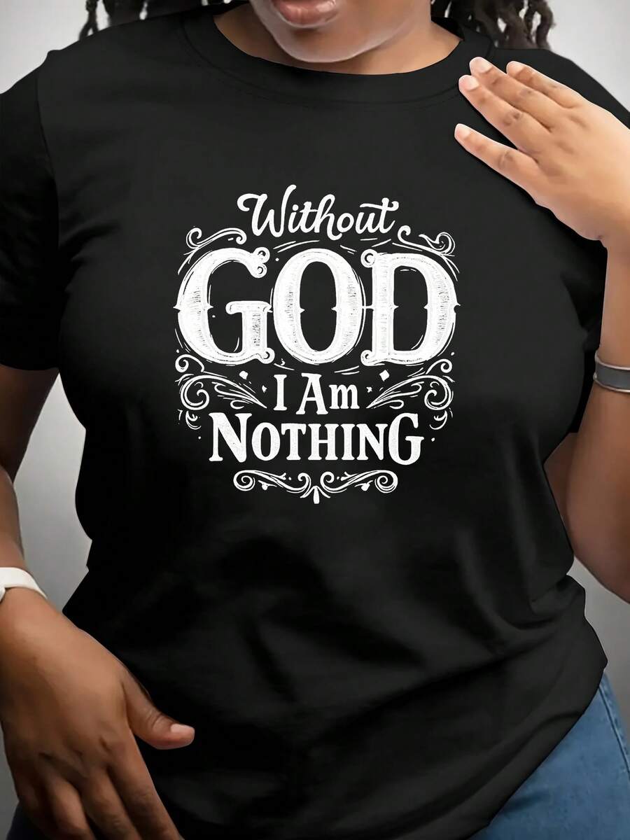 Women's Short-Sleeved T-Shirt With "There Is No God, I Have Nothing" Print, Artistic Lettering T-Shirt, Soft And Breathable Polyester Fiber, Medium Elasticity, Machine Washable, Modern Style, Round Neck, Women's Clothing, New 2026 Model. - 黑色 - 查看 1